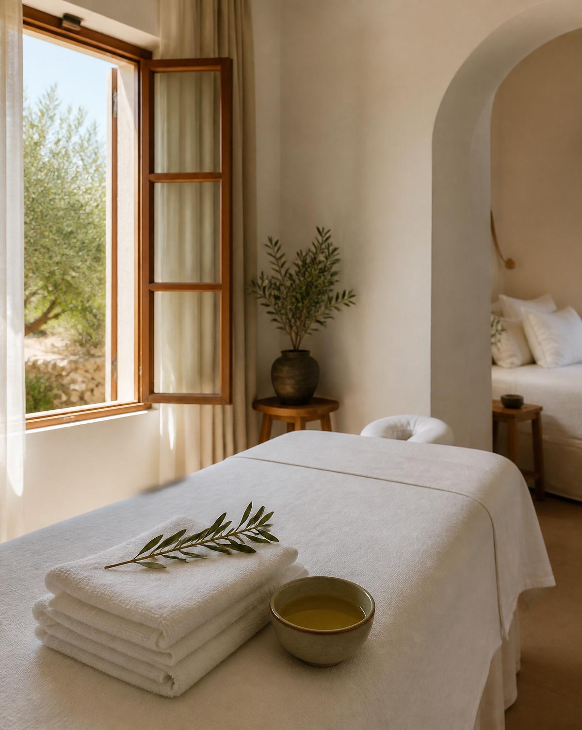 Placeholder — a calm massage setup with linen towels and a small ceramic bowl of oil